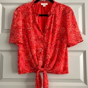 NEW Vibrant Red Paisley Tie-Front Blouse